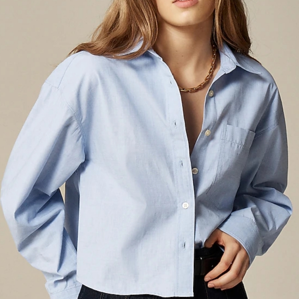 Light Blue Women's Button-Up Cropped 100% Cotton Button Down Shirt